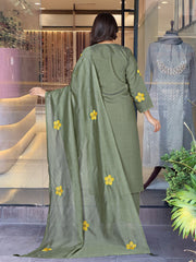 GREEN COLOURED WOMEN'S CHANDERI SILK KURTA WITH DUPATTA SET