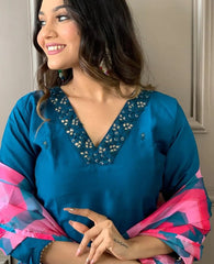 BLUE COLOURED WOMEN'S REYON SLUB KURTA SET