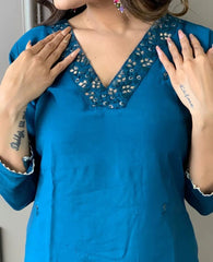 BLUE COLOURED WOMEN'S REYON SLUB KURTA SET