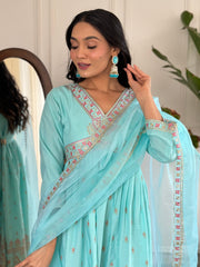 SKY BLUE COLOURED WOMEN'S REYON SLUB WITH KHADI PRINT KURTA SET