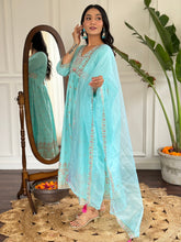 SKY BLUE COLOURED WOMEN'S REYON SLUB WITH KHADI PRINT KURTA SET