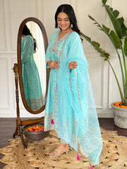 SKY BLUE COLOURED WOMEN'S REYON SLUB WITH KHADI PRINT KURTA SET