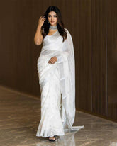 Milky white soft Linen cotton woven saree