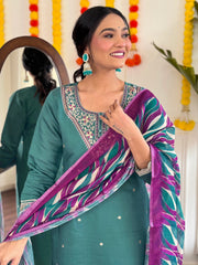 BLUE GREEN WOMEN;S VISCOSE CHANDERI STRAIGHT KURTA WITH PANT LINNEN DUPATTA SET