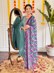 BLUE GREEN WOMEN;S VISCOSE CHANDERI STRAIGHT KURTA WITH PANT LINNEN DUPATTA SET
