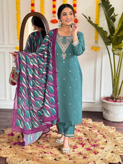 BLUE GREEN WOMEN;S VISCOSE CHANDERI STRAIGHT KURTA WITH PANT LINNEN DUPATTA SET