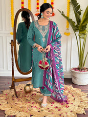 BLUE GREEN WOMEN;S VISCOSE CHANDERI STRAIGHT KURTA WITH PANT LINNEN DUPATTA SET