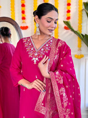 PINK COLOURED WOMEN'S VISCOSE CHANDERI EMBROIDERED STRAIGHT KURTA WITH PANT DUPATTA SET