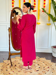 PINK COLOURED WOMEN'S VISCOSE CHANDERI EMBROIDERED STRAIGHT KURTA WITH PANT DUPATTA SET