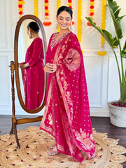 PINK COLOURED WOMEN'S VISCOSE CHANDERI EMBROIDERED STRAIGHT KURTA WITH PANT DUPATTA SET