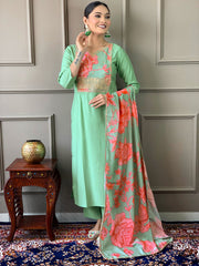 PISTA COLOURED WOMEN'S CHANDERI WITH COTTON LINNING EMBROIDERED STRAIGHT KURTA WITH PANT DUPATTA SET