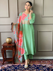 PISTA COLOURED WOMEN'S CHANDERI WITH COTTON LINNING EMBROIDERED STRAIGHT KURTA WITH PANT DUPATTA SET