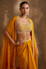 Yellow draped skirt with embroidered crop top & cape