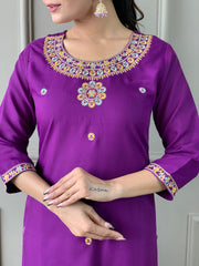 PURPLE COLOURED WOMEN'S RAYON SLUB EMBROIDERED STRAIGHT KURTA WITH PANT DUPATTA SET