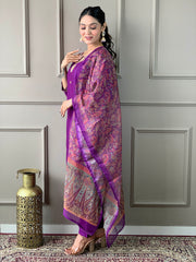PURPLE COLOURED WOMEN'S RAYON SLUB EMBROIDERED STRAIGHT KURTA WITH PANT DUPATTA SET