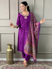 PURPLE COLOURED WOMEN'S RAYON SLUB EMBROIDERED STRAIGHT KURTA WITH PANT DUPATTA SET