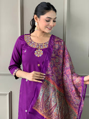 PURPLE COLOURED WOMEN'S RAYON SLUB EMBROIDERED STRAIGHT KURTA WITH PANT DUPATTA SET