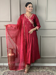 OLIVIA RED COLOURED WOMEN'S VISCOSE CHANDERI EMBROIDERY KURTA WITH PANT DUPATTA SET
