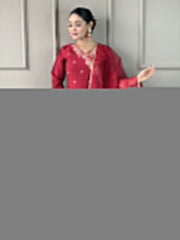 OLIVIA RED COLOURED WOMEN'S VISCOSE CHANDERI EMBROIDERY KURTA WITH PANT DUPATTA SET