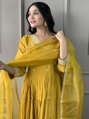 OLIVIA YELLOW COLOURED WOMEN'S VISCOSE CHANDERIE EMBROIDERED KURTA WITH PANT DUPATTA SET