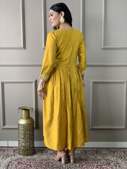 OLIVIA YELLOW COLOURED WOMEN'S VISCOSE CHANDERIE EMBROIDERED KURTA WITH PANT DUPATTA SET