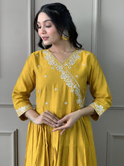 OLIVIA YELLOW COLOURED WOMEN'S VISCOSE CHANDERIE EMBROIDERED KURTA WITH PANT DUPATTA SET