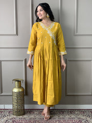 OLIVIA YELLOW COLOURED WOMEN'S VISCOSE CHANDERIE EMBROIDERED KURTA WITH PANT DUPATTA SET