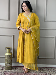 OLIVIA YELLOW COLOURED WOMEN'S VISCOSE CHANDERIE EMBROIDERED KURTA WITH PANT DUPATTA SET