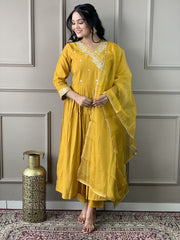 OLIVIA YELLOW COLOURED WOMEN'S VISCOSE CHANDERIE EMBROIDERED KURTA WITH PANT DUPATTA SET
