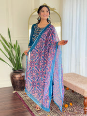 TEAL COLOURED WOMEN'S CHANDERI SILK EMBROIDERED KURTA WITH PANT DUPATTA SET