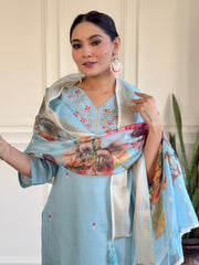 PARITA SKY COLOURED WOMEN'S VISCOSE CHANDERI EMBROIDERED KURTA WITH PANT DUPATTA SET