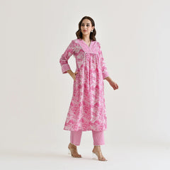 MOTI PINK COLOURED WOMEN'S RAYON SLUB LACE WORK KURTA WITH PANT SET