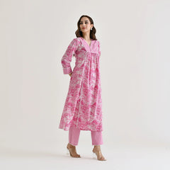 MOTI PINK COLOURED WOMEN'S RAYON SLUB LACE WORK KURTA WITH PANT SET