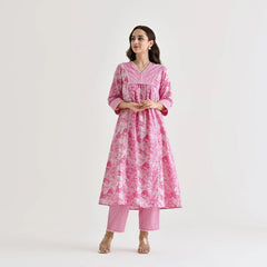 MOTI PINK COLOURED WOMEN'S RAYON SLUB LACE WORK KURTA WITH PANT SET