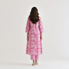 MOTI PINK COLOURED WOMEN'S RAYON SLUB LACE WORK KURTA WITH PANT SET