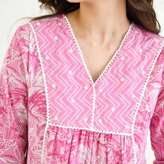 MOTI PINK COLOURED WOMEN'S RAYON SLUB LACE WORK KURTA WITH PANT SET