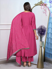 MORLO PINK COLOURED WOMEN'S BSY CHINNON KURTA WITH PANT DUPATTA SET