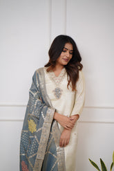 OFF WHITE COLOURED WOMEN'S VISCOSE CHANDERI KURTA WITH PANT DUPATTA SET