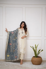 OFF WHITE COLOURED WOMEN'S VISCOSE CHANDERI KURTA WITH PANT DUPATTA SET