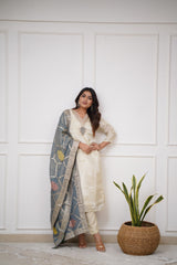 OFF WHITE COLOURED WOMEN'S VISCOSE CHANDERI KURTA WITH PANT DUPATTA SET