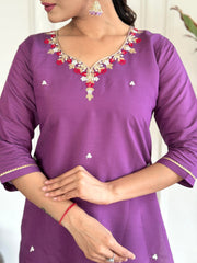 PURPLE COLOURED WOMEN'S VISCOSE CHANDERI EMBROIDERED KURTA WITH PANT DUPATTA SET