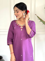 PURPLE COLOURED WOMEN'S VISCOSE CHANDERI EMBROIDERED KURTA WITH PANT DUPATTA SET
