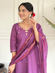 PURPLE COLOURED WOMEN'S VISCOSE CHANDERI EMBROIDERED KURTA WITH PANT DUPATTA SET