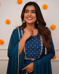 PRAGATI BLUE COLOURED WOMEN'S RAYON SLUB EMBROIDERED KURTA WITH PANT DUPATTA SET