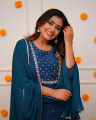 PRAGATI BLUE COLOURED WOMEN'S RAYON SLUB EMBROIDERED KURTA WITH PANT DUPATTA SET