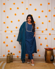 PRAGATI BLUE COLOURED WOMEN'S RAYON SLUB EMBROIDERED KURTA WITH PANT DUPATTA SET