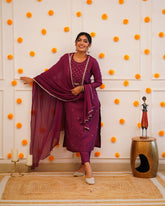 PRAGATI MAROON COLOURED WOMEN'S RAYON SLUB EMBROIDERED KURTA WITH PANT DUPATTA SET