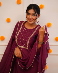 PRAGATI MAROON COLOURED WOMEN'S RAYON SLUB EMBROIDERED KURTA WITH PANT DUPATTA SET