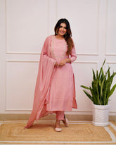 PRAGATI PINK COLOURED WOMEN'S RAYON SLUB EMBROIDERED KURTA WITH PANT DUPATTA SET