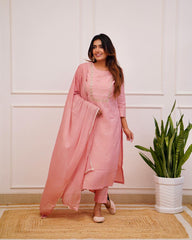 PRAGATI PINK COLOURED WOMEN'S RAYON SLUB EMBROIDERED KURTA WITH PANT DUPATTA SET